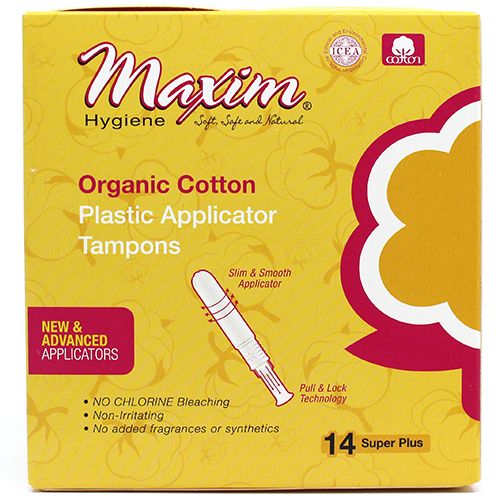 Maxim® 100% Certified Organic Cotton BPA Free Plastic Applicator Tampon, Super Plus, 14 Count