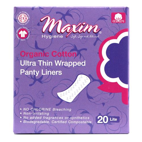 Maxim® 100% Certified Organic Cotton Ultra Thin Anatomical Wrapped Pantiliners, Light, 20 Count