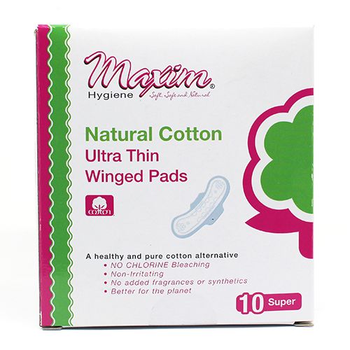 Maxim® Natural Cotton Ultra Thin Winged Sanitary Pads, Nighttime/Super, 10 Count