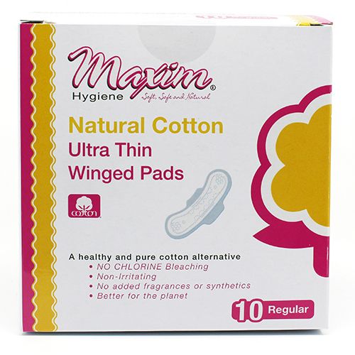 Maxim® Natural Cotton Ultra Thin Winged Sanitary Pads, Daytime/Regular, 10 Count