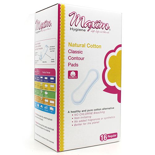 Maxim® Natural Cotton Classic Contour Sanitary Pads, Regular, 16 Count