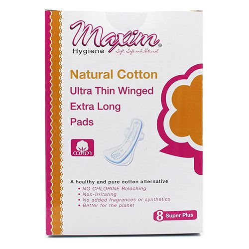 Maxim® Natural Cotton Ultra Thin Winged Sanitary Pads, Overnight/Super Plus, 8 Count