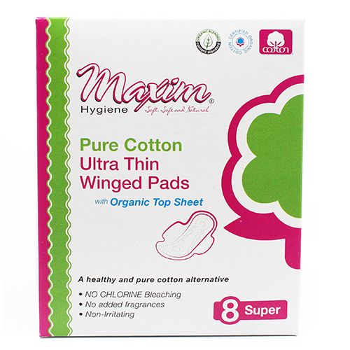Maxim® Pure Cotton Ultra Thin Winged Sanitary Pads, Nighttime/Regular, 8 Count